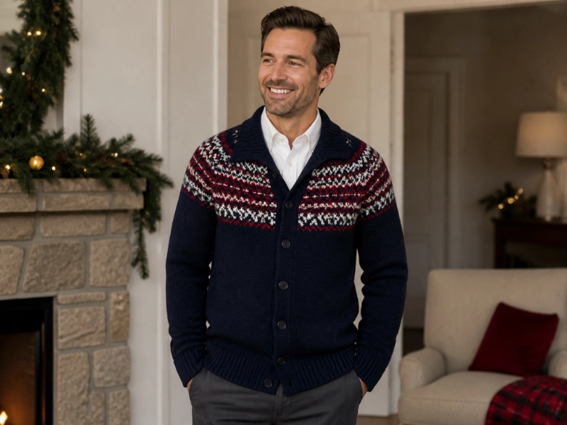 A mens Christmas cardigan with a Fair Isle yoke looks festive and still smart