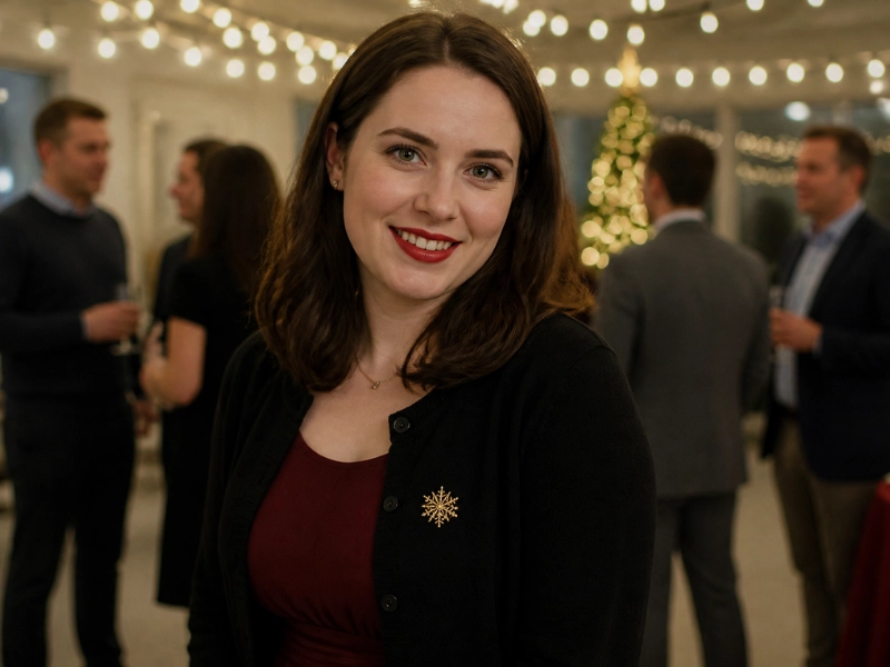 A black holiday cardigan over a dress is an easy office party look