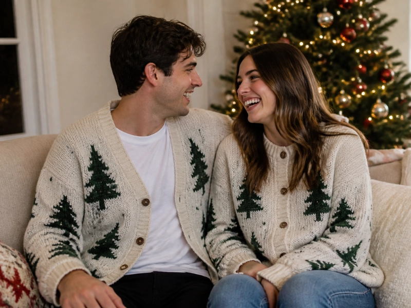 Matching Christmas cardigans in one pattern make a couple look coordinated without trying too hard