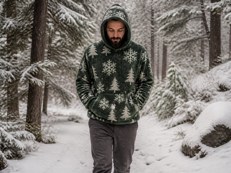 A fleece-lined Christmas hoodie keeps you warm on snowy winter walks