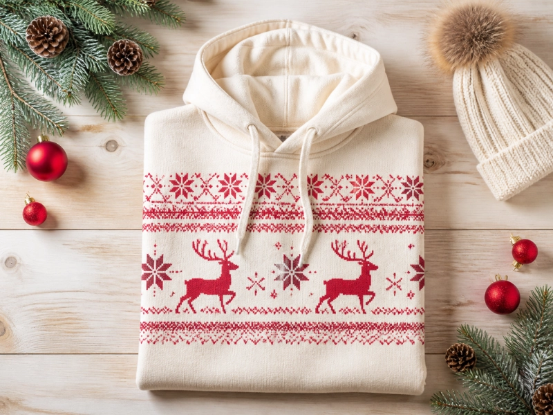 A reindeer print Christmas hoodie never goes out of style