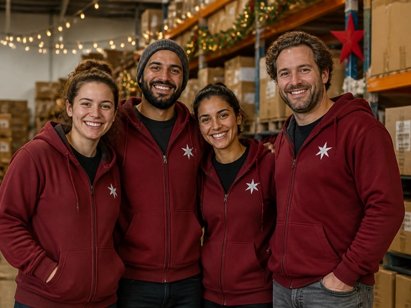 A zip Christmas hoodie with a left-chest logo works as a team jacket