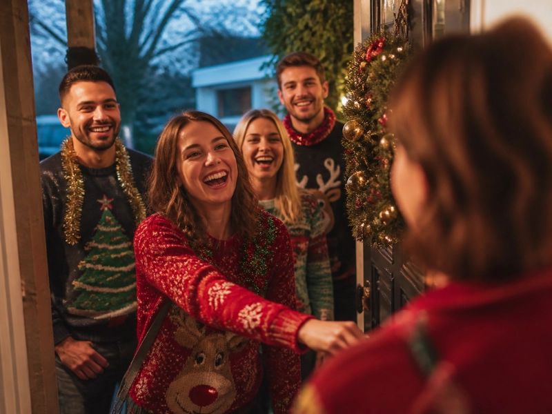 A Christmas sweater does its best work at the front door of a holiday party