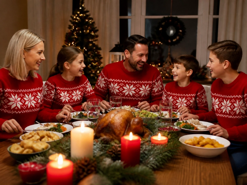 Matching family Christmas sweaters turn a holiday dinner into the photo everyone keeps