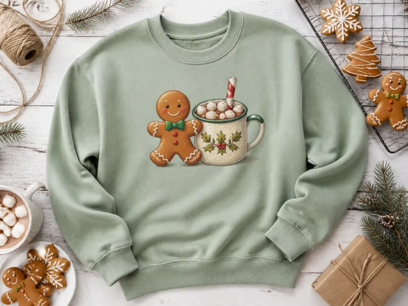 A cute Christmas sweatshirt with a gingerbread print suits brunch and the office
