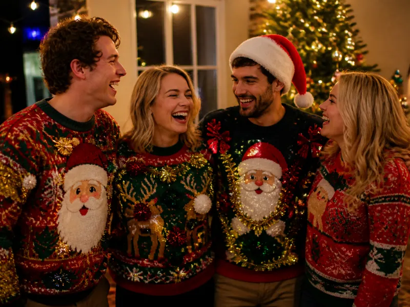 An ugly Christmas sweatshirt brings the party look without the heat of a knit