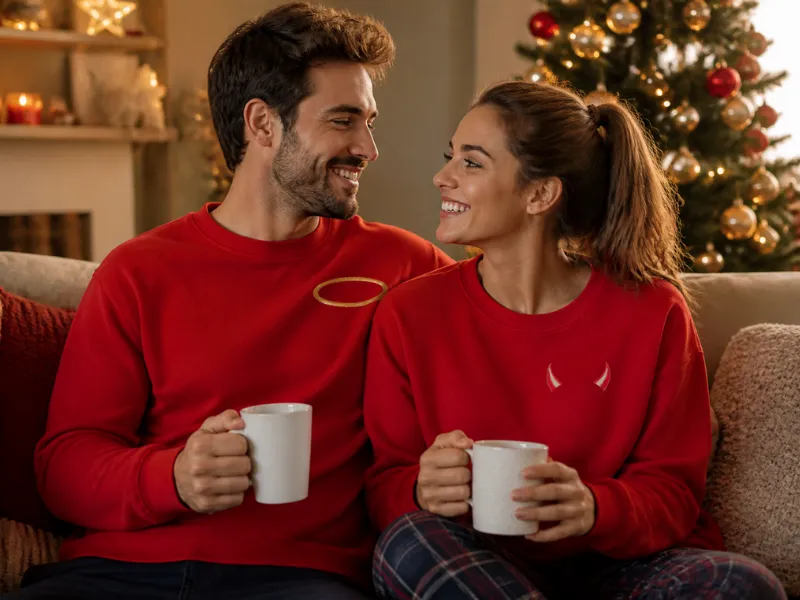 Matching Christmas sweatshirts make the couple photo easy