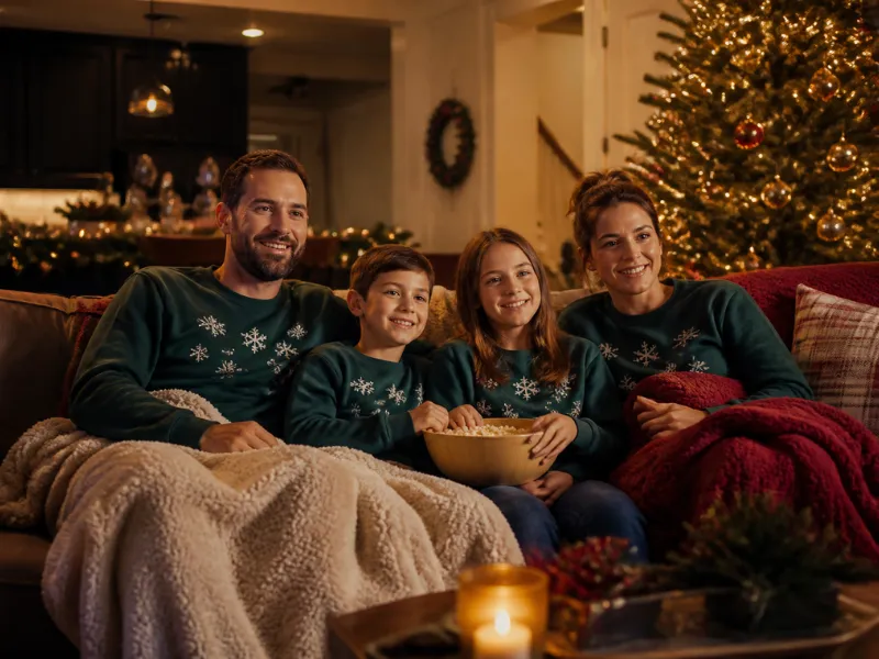 A family movie night is better in matching Christmas sweatshirts