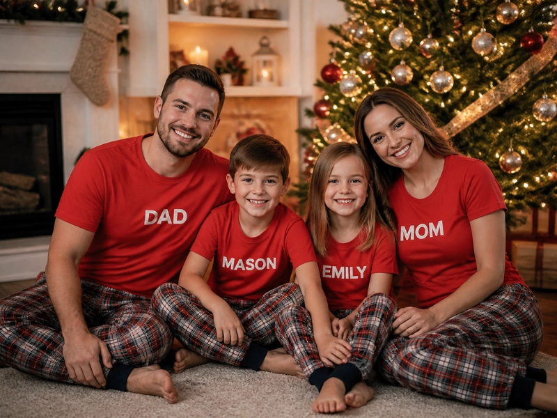 Matching Christmas shirts make the family photo by the tree look planned