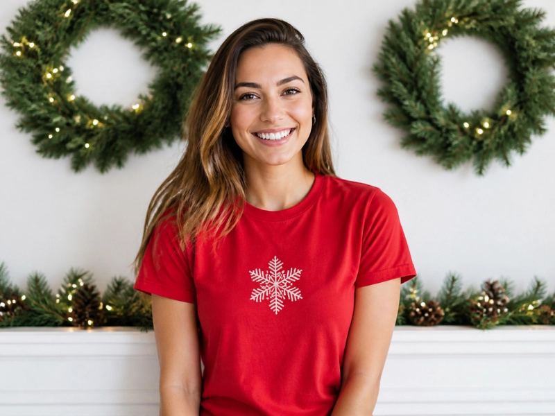 A red Christmas shirt photographs well against garlands and wreaths