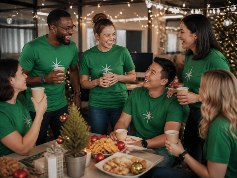 An office team orders a Christmas shirt with the company logo for the holiday party