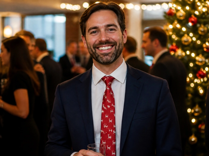 A Christmas tie turns an ordinary suit into a holiday outfit without changing anything else