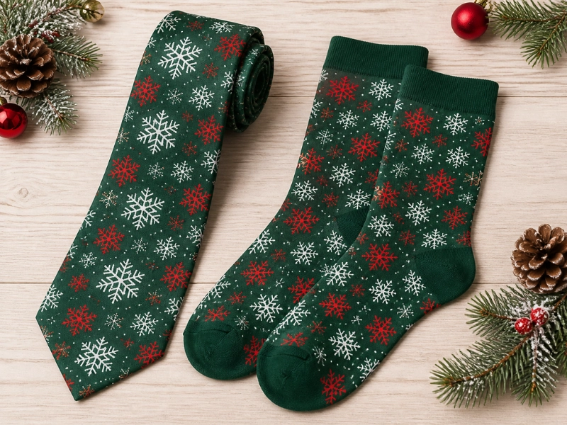 Christmas socks in the same print as the tie finish a matching holiday set