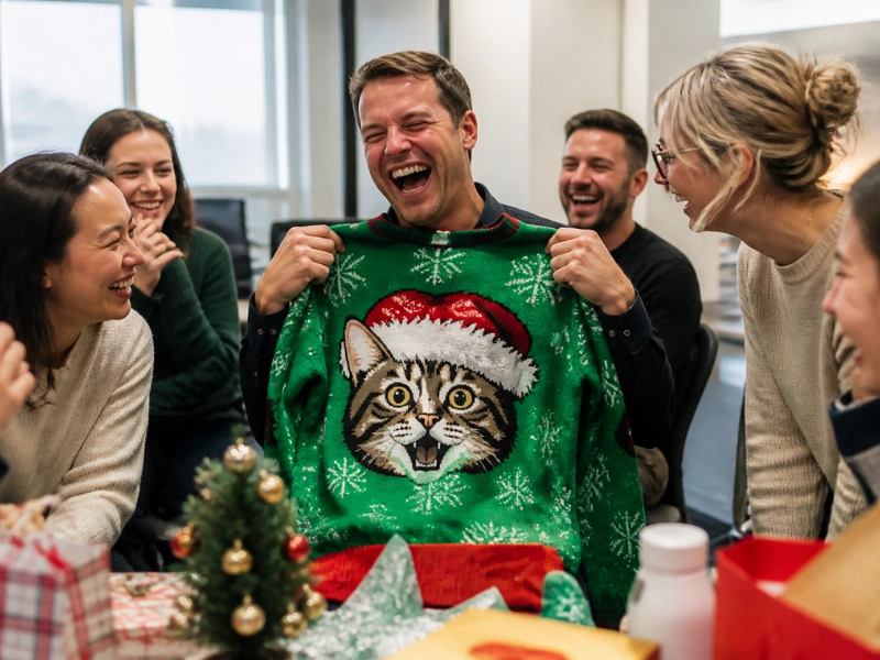 A custom face Christmas sweater is the gag gift that gets opened first and worn all night