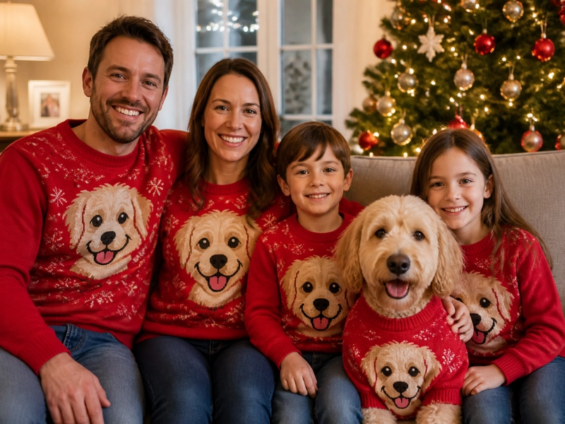 A family set of custom face Christmas sweaters makes the photo everyone shares
