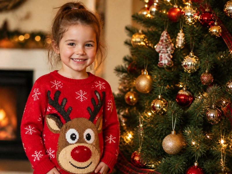 A kids ugly Christmas sweater with a cartoon reindeer is a favorite for the holiday photo