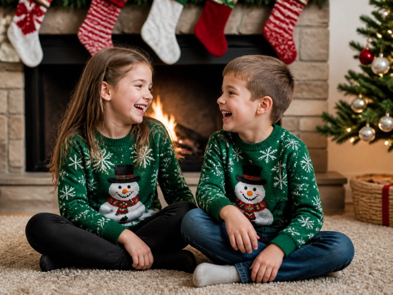 Matching kids ugly Christmas sweaters for siblings use one design in several sizes