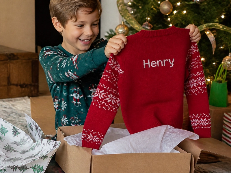 A name on the back makes a kids ugly Christmas sweater the gift they open first