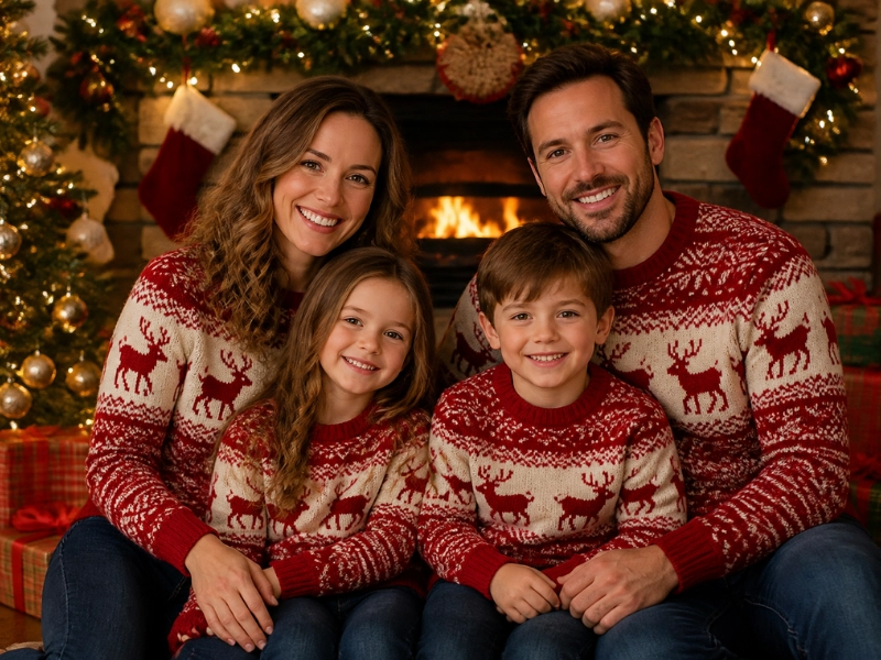 A family set pairs a kids ugly Christmas sweater with matching adult pieces