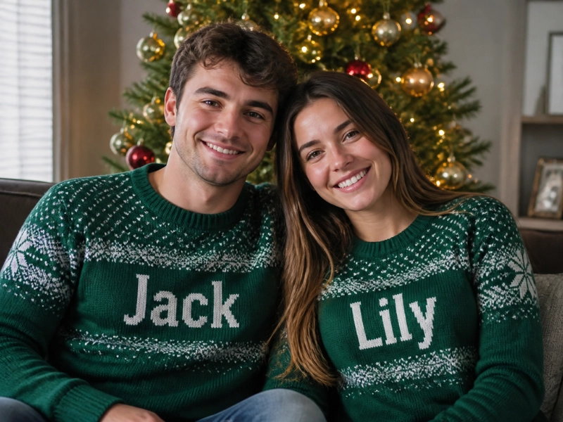 Personalized sweaters for couples use the same pattern with two names in two sizes