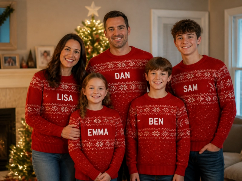 A family set of personalized sweaters uses one design with a different name on each