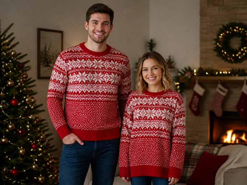 A unisex Christmas sweater lets a couple wear the same pattern in two different sizes