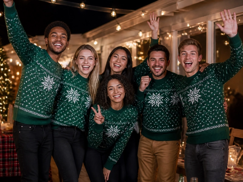 Matching unisex Christmas sweaters for a friend group: one order, every size