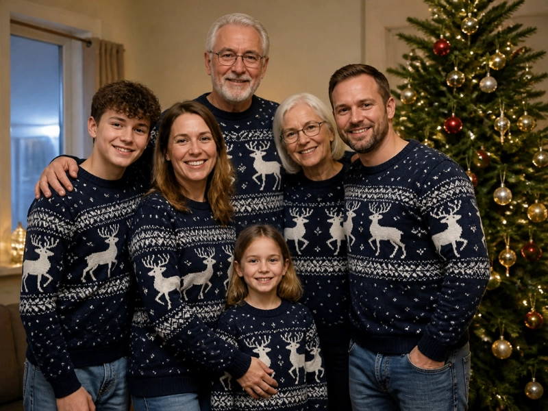 A unisex Christmas sweater in one color makes a family set that photographs as one