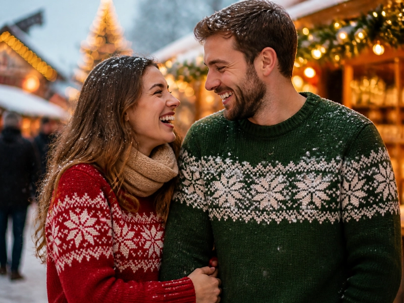 Couples sweaters do not have to be identical, only coordinated in color and pattern