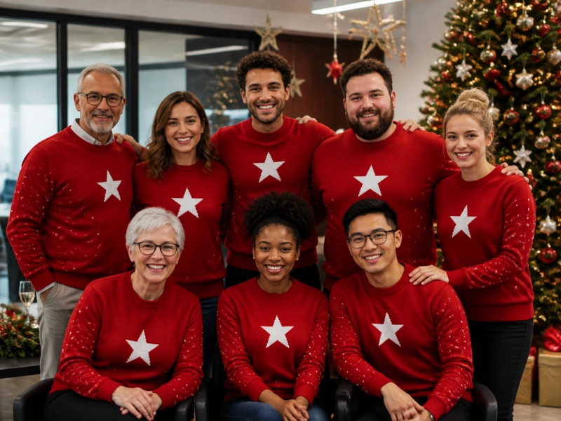Office teams order a unisex Christmas sweater because one size run covers everyone